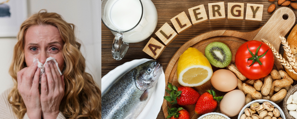 Woman sneezing next to common food allergens including strawberries, nuts, milk, and fish—highlighting symptoms and triggers of strawberry allergy.