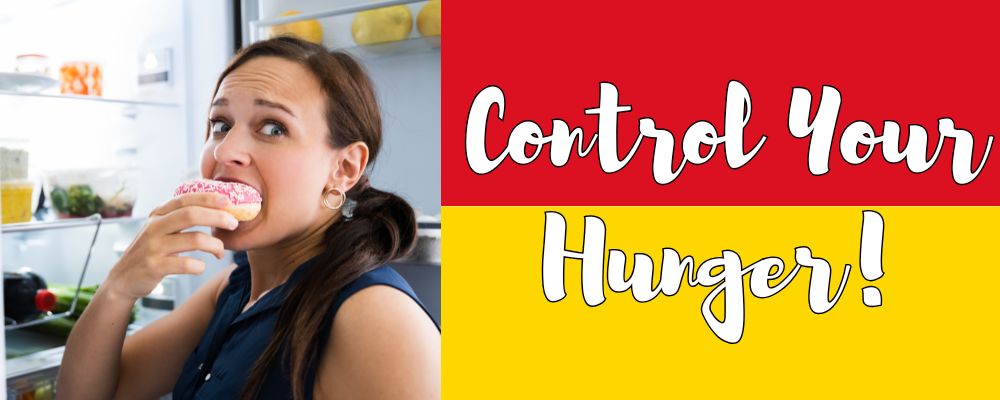 Image showing woman stealing domut from the refrigerator, where the text infront of Mc Donalds' colors says control your hunger
