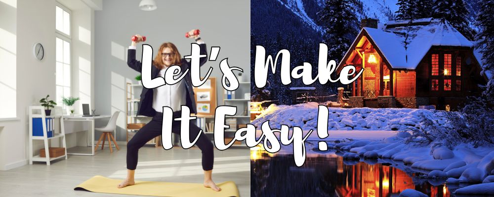 The right side of the image shows a house in winter, warm and lit, and left image shows a funny man trying to exercise in said winter