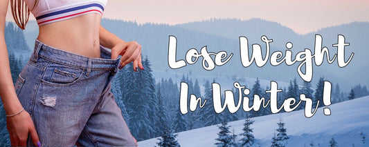 Image depicting a woman who has lost weight, and the background is of winter with a huge text saying lose weight in Winter