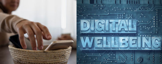 Person practicing digital wellbeing by putting phone away in basket next to text that reads "Digital Wellbeing" on a tech circuit background.