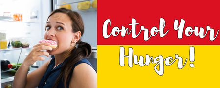 Image showing woman stealing domut from the refrigerator, where the text infront of Mc Donalds' colors says control your hunger