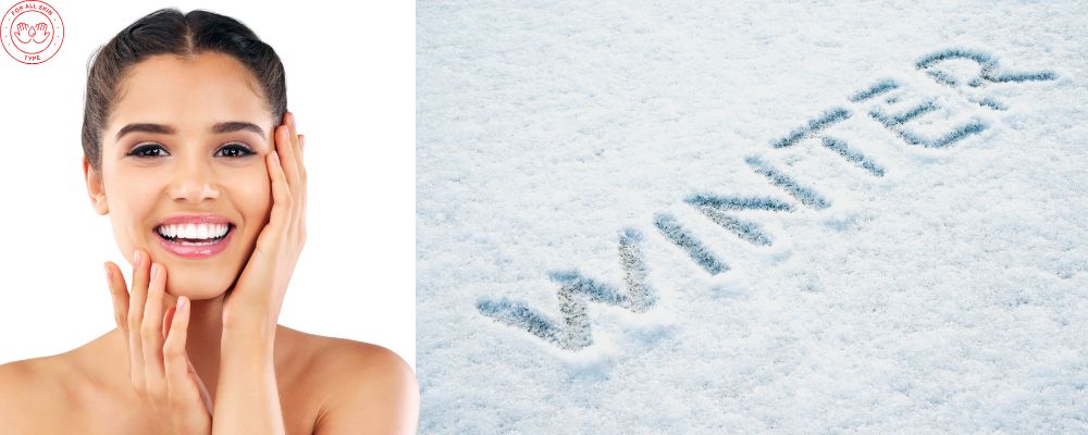 The word winter written in snow, and a healthy glowing girl on the left showcasing her facial skin