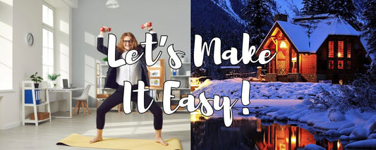 The right side of the image shows a house in winter, warm and lit, and left image shows a funny man trying to exercise in said winter
