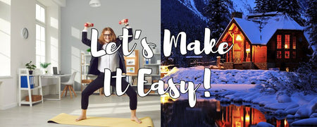 The right side of the image shows a house in winter, warm and lit, and left image shows a funny man trying to exercise in said winter