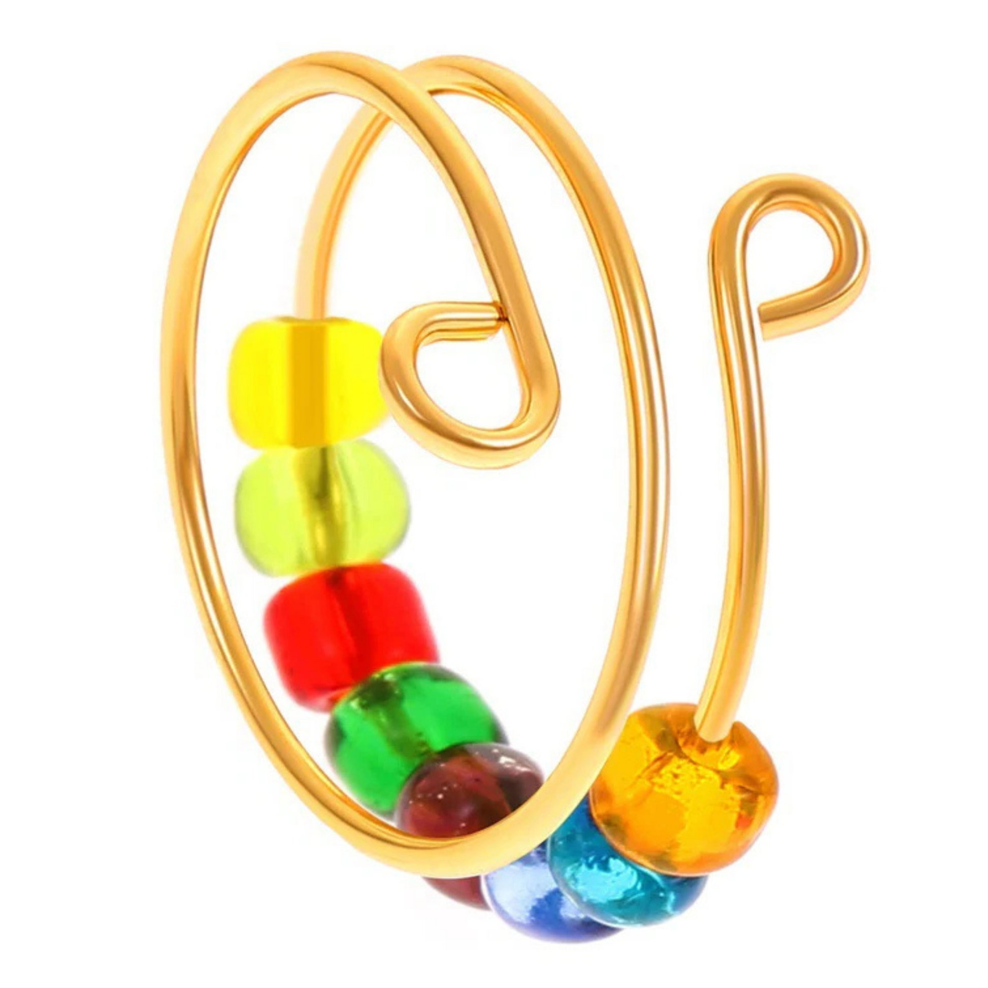 The Adjustable Beaded Crochet & Anxiety Relief Tool is a gold wire ring with colorful beads in yellow, green, red, blue, and orange along its lower curve and an open design with curved ends for comfort and style.